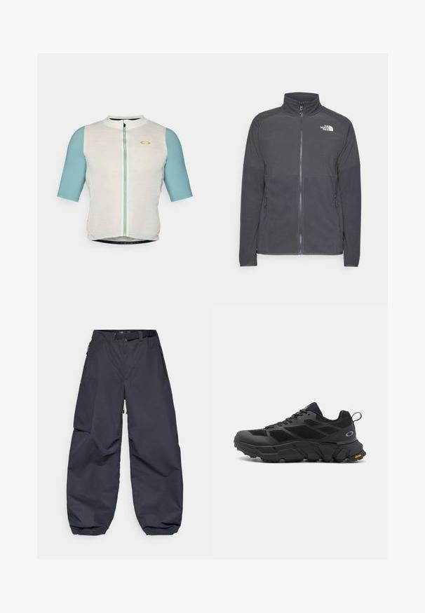 Tumehall villane jakk, millel on kõrge krae, täispikk lukk, tekstureeritud ülemine õmblus, küljetaskud ja valge logo rinnal.; Lühikeste varrukatega jalgrattapluuus valge ja teali värviga. Omab lukuga esiosa, ümarat hemmi ning diskreetset logo vasakul rinnal. Tekstuuriga kangast varrukad.; Tumedashallased cargo püksid, valmistatud pehmest ja vastupidavast materjalist. Neil on lai, lagunev lõige, mitu taskut ja reguleeritav vööpund.; Mustavad spordijalatsid tugeva tallaga, võrgust ja sünteetilisest materjalist pealispind, tekstuuriga aktsendid ning Vibram bränding tallal.