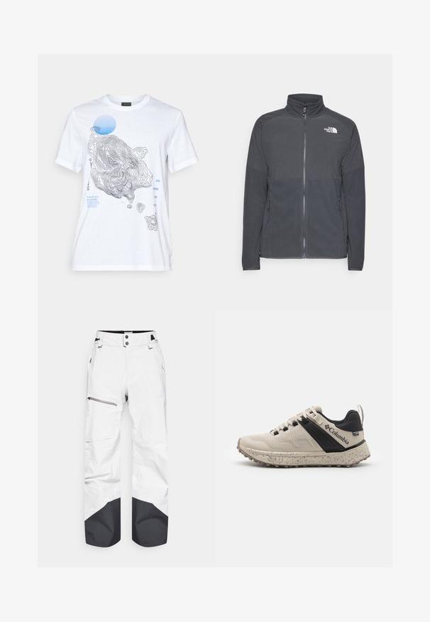 Jachetă din fleece de culoare gri închis cu guler înalt, fermoar pe toată lungimea frontală, partea superioară texturată, buzunare laterale și un logo alb pe piept.; Tricou din bumbac alb, cu un design de hartă topografică în negru și albastru, inclusiv elemente de text și un accent rotund albastru. Mâneci scurte.; Pantaloni albi de zăpadă cu accente negre la tiv, având un buzunar cu fermoar pe coapsă și închidere cu nasture. Realizați din material rezistent la intemperii.; Adidași Columbia în bej și negru, cu un superior din plasă texturată, talpă intermediară cu model și talpă exterioară din cauciuc rezistent pentru aderență.