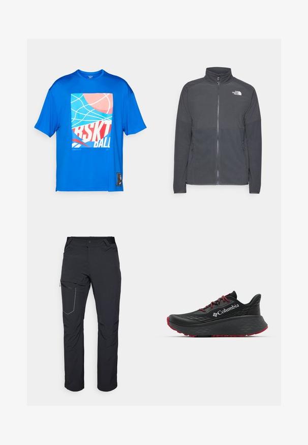 Tamsiai pilkas fliso švarkas su aukštu apykakle, pilnu priekinio užtrauktuko uždarymu, tekstūruota viršutine dalimi, šoniniais kišenėmis ir baltu logotipu ant krūtinės.; Mėlyna trumpomis rankovėmis marškinėliai, pagaminti iš lygaus, pralaidaus audinio, su grafiniu spausdinimu, vaizduojančiu krepšinio elementus ir tekstą.; Juodos lauko kelnės su užtrauktuku šlaunies kišenėje, elastinga juosmeniu ir lygiu, vandens nepraleidžiančiu audiniu. Tinkama dizaino forma be matomų logotipų.; Juodas sportinis batelis su tekstūruota viršutine dalimi, raudonais raišteliais ir logotipu. Storas padas su raštuotu protektoriu traukai. Minimalistinis dizainas, šoninis vaizdas.