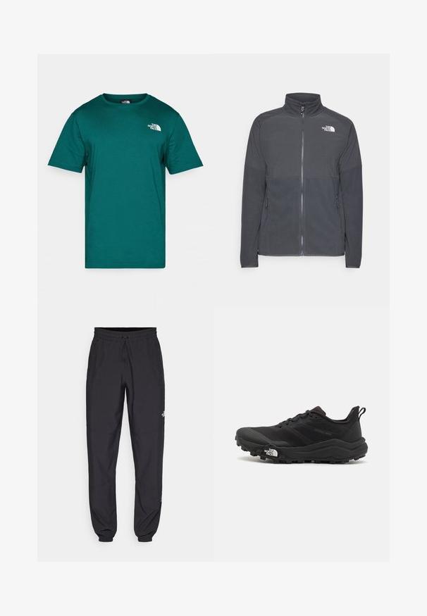 Mørkegrå fleecejakke med høj krave, fuld frontlynlås, struktureret øverste rygpanel, sidelommer og et hvidt logo på brystet.; Teal bomulds T-shirt med rund hals og korte ærmer. Har et hvidt logo på den øverste venstre bryst og en glat stofstruktur.; Sorte atletiske bukser lavet af letvægtsstof, med en snor i taljen, sidelommer og tapered manchetter ved anklerne.; Sort trail løbesko med en struktureret overdel, gummisål og forstærket tåhætte. Har en polstret krave og en pull-tab til nem påtagning.