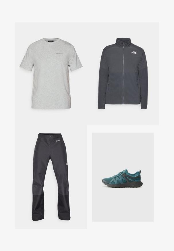 Tumehall villane jakk, millel on kõrge krae, täispikk lukk, tekstureeritud ülemine õmblus, küljetaskud ja valge logo rinnal.; Heledhalli lühikeste varrukatega ümarakaelusega T-särk, millel on vasakul rinnal peene "Peak Performance" logo.; Mustad vettpidavad püksid, millel on sile tekstuur, ees GORE-TEX logo ja tugevdatud alumised jalad vastupidavuse tagamiseks.; Columbia PEAKFREAK ROAM - Matkajalatsid - everblue/dark grey