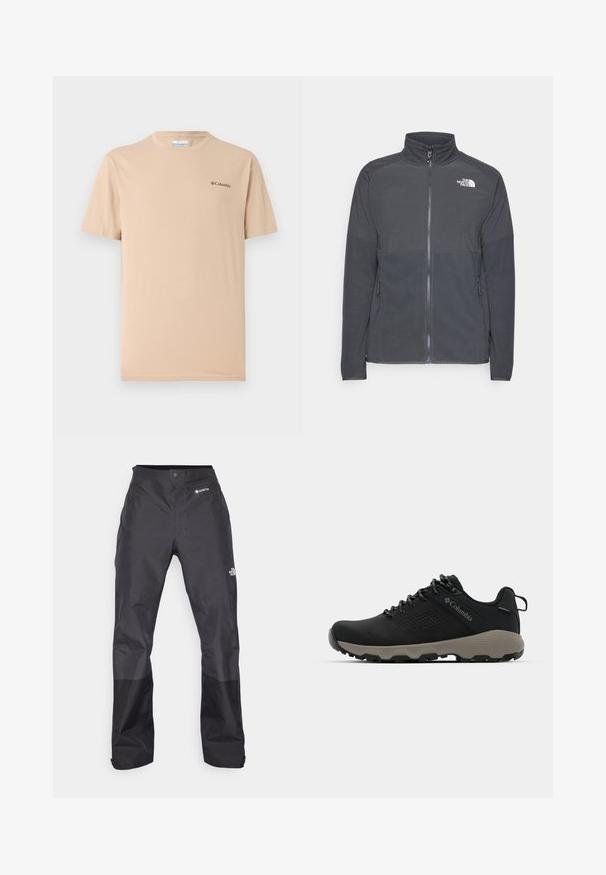 Tmavohnedá fleecová bunda s vysokým golierom, plným predným zipsom, textúrovanou hornou časťou, bočnými vreckami a bielym logom na hrudi.; Bežové tričko s krátkym rukávom vyrobené z mäkkej tkaniny, s okrúhlym výstrihom a malým čiernym logom na ľavej prednej strane. Jednoduchý dizajn.; Čierne nepremokavé nohavice s hladkým povrchom, so značkou GORE-TEX na prednej strane a zosilnenými dolnými nohavicami pre väčšiu odolnosť.; Čierne turistické topánky s hladkým zvrškom, perforovaným dizajnom, šedou podrážkou a vystuženým pätou. Obsahujú šnúrky a pútko pre jednoduché obúvanie.