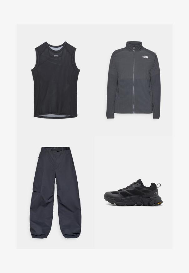 Mørkegrå fleecejakke med høj krave, fuld frontlynlås, struktureret øverste rygpanel, sidelommer og et hvidt logo på brystet.; Sort ærmeløs træningsbluse lavet af mesh-stof, rund halsudskæring og forstærkede armhuller. Minimalistisk design med diskret branding.; Mørkegrå cargo bukser lavet af et blødt, holdbart materiale. De har en bred, løs pasform, flere lommer og et taljebælte til justering.; Sorte sportsko med en kraftig sål, mesh- og syntetisk overdel, teksturerede detaljer og Vibram-branding på ydersålen.