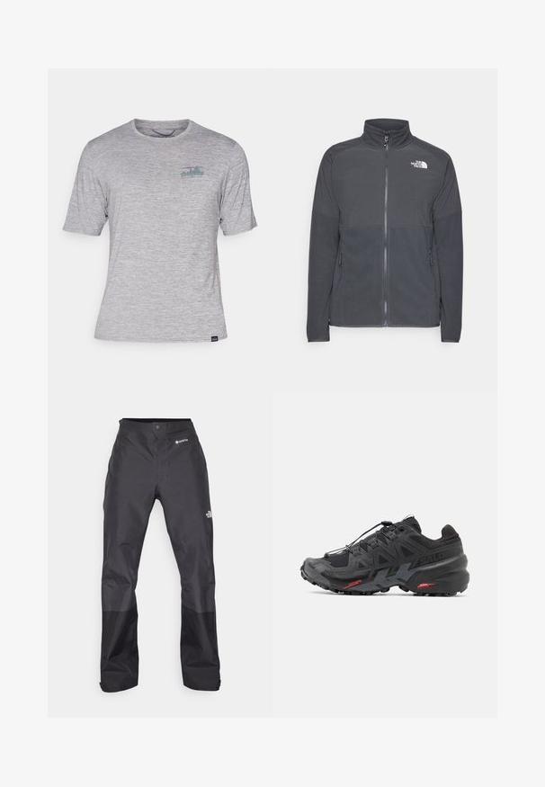 Tmavě šedá fleecová bunda s vysokým límcem, plným předním zipem, texturovaným horním dílem, bočními kapsami a bílým logem na prsou.; Šedé tričko s krátkým rukávem vyrobené z měkké, lehké tkaniny. Obsahuje malé, vícebarevné logo na levé horní části hrudi.; Černé voděodolné kalhoty s hladkou texturou, na přední straně s logem GORE-TEX a s zesílenými dolními nohavicemi pro větší odolnost.; Černá běžecká obuv se syntetickým svrškem, texturovaným designem a kontrastními červenými akcenty. Obsahuje zajištěný systém šněrování a robustní podrážku.
