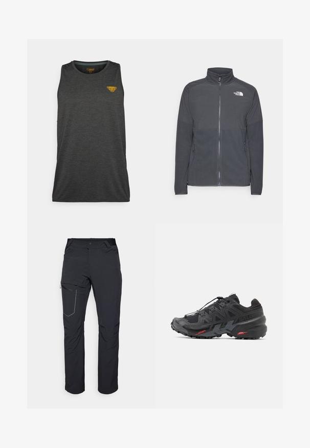 Tumehall villane jakk, millel on kõrge krae, täispikk lukk, tekstureeritud ülemine õmblus, küljetaskud ja valge logo rinnal.; Tumehall musteta ilma-särg, valmistatud tekstureeritud materjalist. Omab väikest kollast logo vasaku ülemise rinnaosas.; Mustad musta värvi välispüksid, millel on tõmblukuga reiepocket, elastne vöökoht ja sile, veekindel kangas. Puhas disain ilma nähtavate logodeta.; Mustad mustus jooksujalats sünteetilisest ülemisest, tekstuurse disaini ja kontrastsete punaste aktsentidega. Omab kinnitatud nöörisüsteemi ja karmist alaosa.