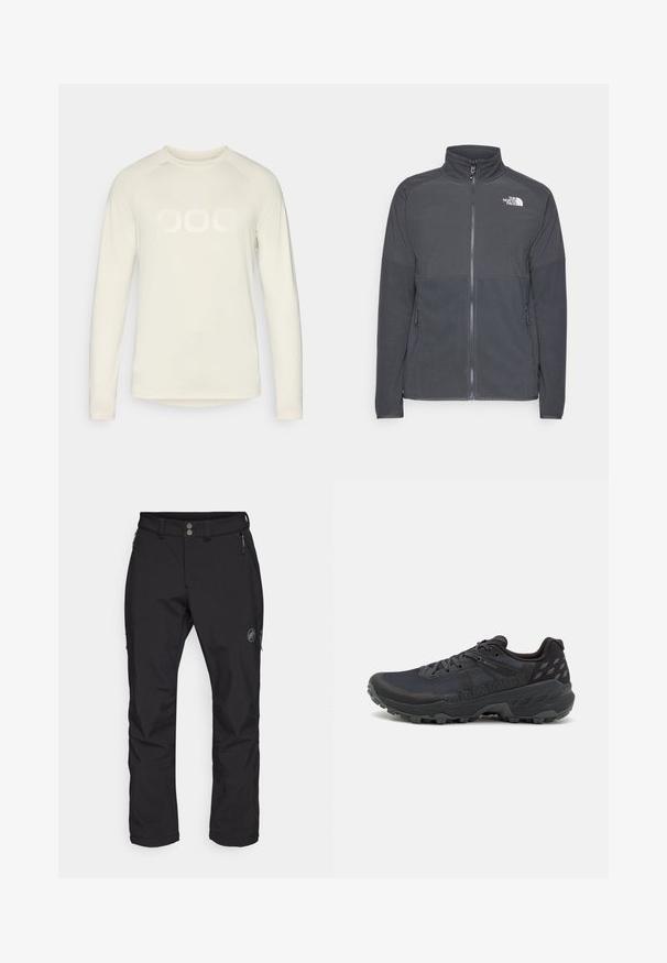 Tummanharmaan fleecetakin, jossa on korkea kaulus, täyspitkä vetskari, teksturoitu etuosa, sivutaskut ja valkoinen logo rinnassa.; Pitkähihainen, vaalean kermaa oleva paita, jossa on pyöreä pääntie. Edessä on suuri, hillitty valkoinen "POC" -logo. Pehmeä ja kevyt kangas.; Mustat ulkoiluhousut suoran lahkeen designilla, valmistettu kestävästä kankaasta. Ominaisuuksiin kuuluvat kaksi etutaskua vetoketjulla ja logo reiden kohdalla.; Musta juoksujalkineet maastoon, joissa on teksturoitu verkkopäällinen ja kumipohja; ominaisuuksia ovat kengännauhat, pehmustettu nilkkasauma ja logomerkinnät.