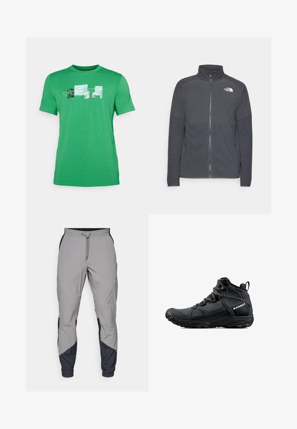 Mörkgrå fleecejacka med hög krage, fullständig dragkedja fram, texturerad övre del, sidofickor och en vit logotyp på bröstet.; Grön t-shirt med kort ärm gjord av mjukt tyg, med en framsidan grafisk design med naturtematiska rutor och konturer.; Lätta, grå träningsbyxor med svarta detaljer. Elastisk midja, dragsko stängning, tapered design och sidofickor.; Svarta vandringskängor med en robust design, som har en blandning av strukturerad tyg och gummi, förstärkt tåhätta och snörningssystem.