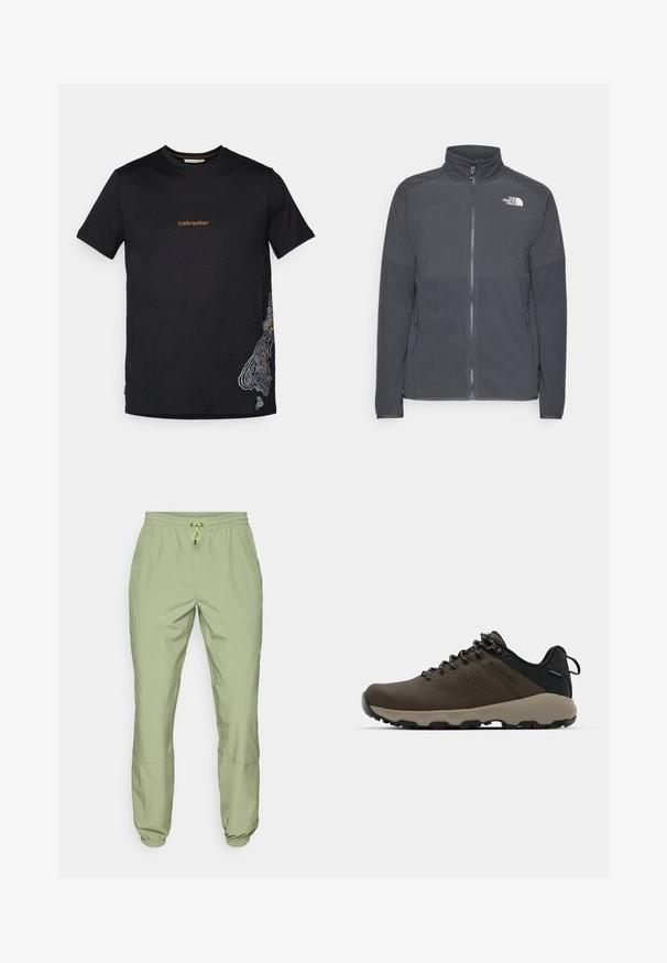 Casaco de fleece cinza escuro com colarinho alto, fecho completo à frente, yoke superior texturizado, bolsos laterais e um logótipo branco no peito.; Camiseta preta de manga curta com o texto "icebreaker" em laranja no peito e um design de mapa topográfico em branco no canto inferior direito.; Calças de desporto verde-claro com cintura elástica, fecho com cordão e punhos nos tornozelos; apresenta dois bolsos laterais e uma textura suave.; Ténis impermeáveis castanhos com um upper texturizado, detalhes perfurados, apoio para o calcanhar preto e uma sola de borracha cinza. Os atacadores têm extremidades metálicas.