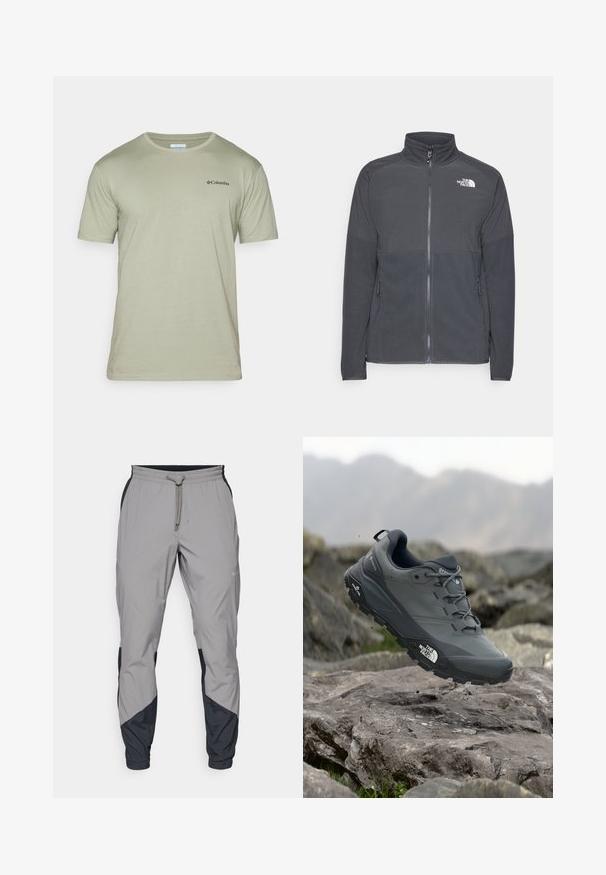 Σκούρο γκρι φλις τζάκετ με ψηλό γιακά, πλήρη μπροστινό φερμουάρ, υφή στην επάνω περιοχή, πλαϊνές τσέπες και λευκό λογότυπο στο στήθος.; Φωτεινό πράσινο κοντομάνικο μπλουζάκι από μαλακό ύφασμα, με στρογγυλή λαιμόκοψη και ένα μικρό μαύρο λογότυπο αριστερά στο στήθος.; Ελαφρύ γκρι αθλητικό παντελόνι με μαύρες λεπτομέρειες. Ελαστική μέση, κλείσιμο με κορδόνι, σχέδιο με στενό πόδι και πλαϊνές τσέπες.; Γκρι αθλητικό παπούτσι τρεξίματος με υφή στην επάνω πλευρά, ανθεκτική καουτσούκ σόλα και ενισχυμένη μύτη. Περιλαμβάνει κορδόνια και λογότυπο της μάρκας στο πλάι.