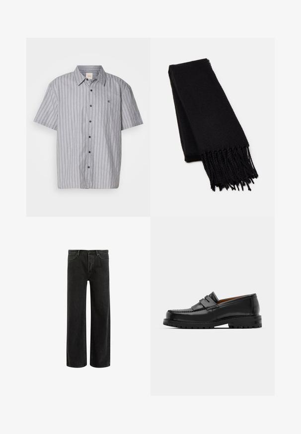 Grijze visgraat-overcoat met een grote revers, dubbele sluiting en twee voorzakken. Gemaakt van een gestructureerde, warme stof.; Korte mouwen, knoopsluiting shirt gemaakt van lichte stof met blauw-witte verticale strepen. Heeft een klassieke kraag en een borstzak.; Zwarte geribbelde tanktop met een ronde halslijn en wijde armsgaten, gemaakt van een zachte, rekbare stof. Label: Pull&Bear.; Zwarte denims met wijde benen en een hoge taille, met een klassiek vijf zakken ontwerp en subtiele vervaging voor een textuur uitstraling.; Zwarte leren instappers hebben een verhoogde naad, twee decoratieve banden op de bovenkant en een dikke, gestructureerde zool voor extra grip.; Zwarte sjaal van een zacht, textuurstof. Heeft een rafelige rand en een rechthoekige vorm, geschikt om om de nek te draperen.