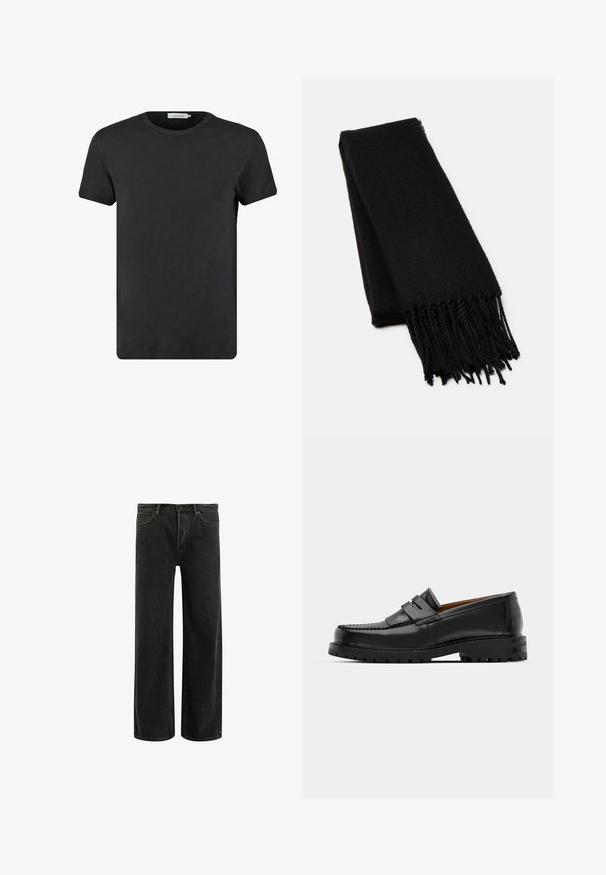 Grijze visgraat-overcoat met een grote revers, dubbele sluiting en twee voorzakken. Gemaakt van een gestructureerde, warme stof.; Zwarte katoenen t-shirt met een ronde halslijn en korte mouwen. De stof heeft een gladde textuur en geen patronen of accenten. Regular fit.; Zwarte denims met wijde benen en een hoge taille, met een klassiek vijf zakken ontwerp en subtiele vervaging voor een textuur uitstraling.; Zwarte leren instappers hebben een verhoogde naad, twee decoratieve banden op de bovenkant en een dikke, gestructureerde zool voor extra grip.; Zwarte sjaal van een zacht, textuurstof. Heeft een rafelige rand en een rechthoekige vorm, geschikt om om de nek te draperen.; Zwarte leren handschoenen met een gladde textuur, vijf vingers en subtiele stiksels. Klassiek ontwerp, geschikt voor gebruik in koud weer.