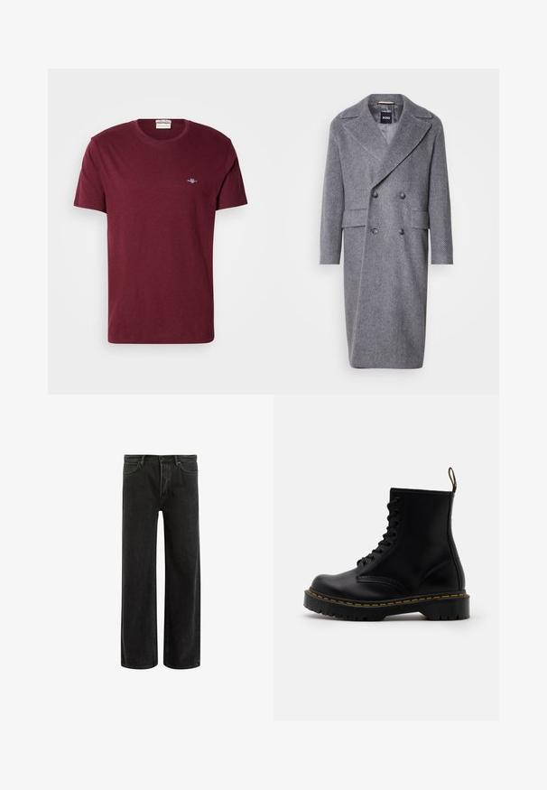 Harmaa herringbone-manteli, jossa on suuri läppä, kaksirivinen malli ja kaksi etutaskua. Valmistettu teksturoidusta, lämpimästä kankaasta.; Burgundy lyhythihainen pyöreäkauluksinen t-paita, jossa on pieni valkoinen brodeerattu GANT-logo vasemmassa rinnassa.; Mustat farkut leveällä lahkeella ja korkealla vyötäröllä, joissa on klassinen viisi taskua -design ja hienovarainen haalistuminen tekstuurin luomiseksi.; Mustat nahkaiset nilkkasaappaat, joissa on nauhaketjullinen etuosa, keltainen ympärystikkauksen, pyöreä varvas ja paksu, teksturoitu kumipohja.