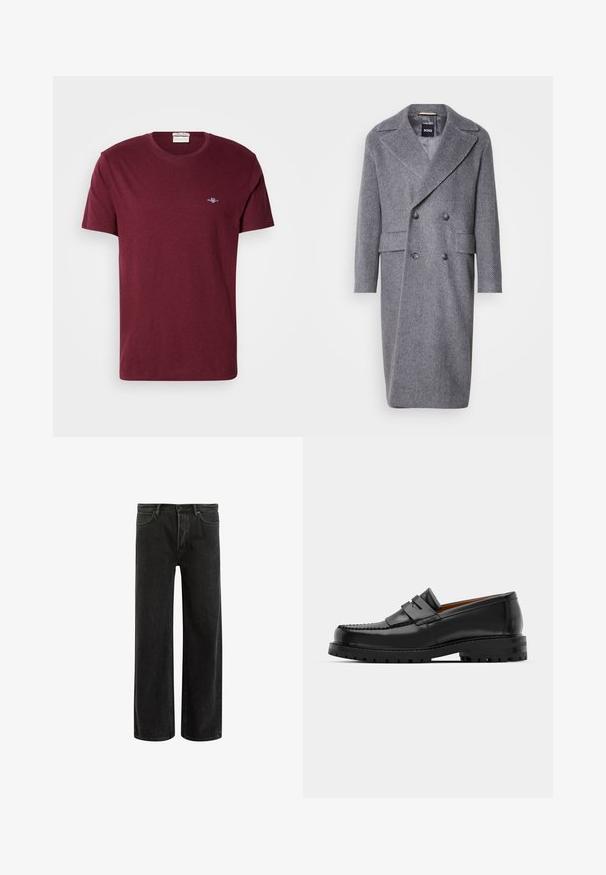 Hallhargne hallhargne kootel, millel on suur krae, kahekordne nupp ja kaks esikot. Valmistatud tekstuurist ja soe kangas.; Burgundia lühikeste varrukatega ümar kaelusega T-särk, mille vasakul rinnal on väike valge broderi GANT logo.; Mustadest denimist laiad püksid kõrge vöökoht, klassikalise viie taskuga disain ja õrn pleekinud välimus tekstuurilise ilme saavutamiseks.; Mustad mustad nahast kingad on varustatud tõstetud õmblusega, kahe dekoratiivse rihmaga peal, ja paksu tekstuuriga tallaga paremaks haardeks.