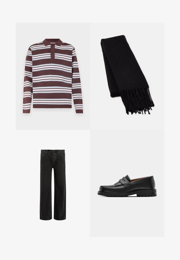 Manteau en chevrons gris avec un grand col, design double boutonnage et deux poches avant. Fabriqué en tissu texturé et chaud.; Polo à manches longues de couleur marron foncé avec des rayures horizontales en blanc et bleu clair. Il dispose d'un col et d'une patte de boutonnage à trois boutons.; Jean en denim noir à jambes larges avec taille haute, présentant un design classique à cinq poches et un léger délavage pour un aspect texturé.; Des mocassins en cuir noir présentent une couture surélevée, deux sangles décoratives sur le dessus et une semelle épaisse et texturée pour une meilleure adhérence.; Écharpe noire en tissu doux et texturé. Présente des bords effilochés et une forme rectangulaire, idéale à enrouler autour du cou.