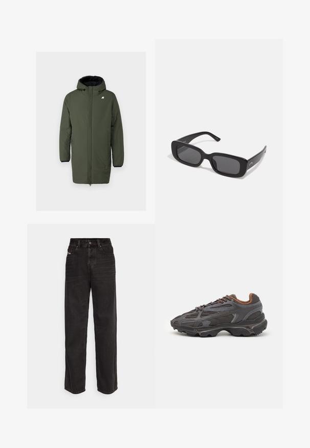 Olivově zelený zateplený kabát s kapucí, vybavený plným předním zipem, dvěma bočními kapsami a elastickými manžetami pro bezpečné nošení.; Černé dlouhé rukávy triko vyrobené z bavlny, s kulatým výstřihem a malým zeleným vyšitým logem krokodýla na levé hrudi.; Černé džínové kalhoty širokého střihu s vysokým pasem, předním zapínáním na knoflík, dvěma bočními kapsami a nenápadnými švy.; Sněrovací boty Lacoste v tmavě šedé barvě s síťovinou a syntetickým materiálem, prezentující texturovanou podrážku a hnědé detaily na límci a logu.; Černé obdélníkové sluneční brýle s tmavými čočkami, hladkými plastovými rámy a širokými stranami. Jemné logo na boku.