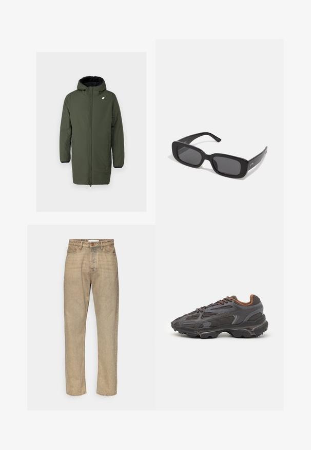 Olivově zelený zateplený kabát s kapucí, vybavený plným předním zipem, dvěma bočními kapsami a elastickými manžetami pro bezpečné nošení.; Černé dlouhé rukávy triko vyrobené z bavlny, s kulatým výstřihem a malým zeleným vyšitým logem krokodýla na levé hrudi.; Béžové denimové džíny se střihy rovné nohavice, s knoflíkovým zapínáním, pěti kapsami a jemnou texturou oděru po celém povrchu.; Sněrovací boty Lacoste v tmavě šedé barvě s síťovinou a syntetickým materiálem, prezentující texturovanou podrážku a hnědé detaily na límci a logu.; Černé obdélníkové sluneční brýle s tmavými čočkami, hladkými plastovými rámy a širokými stranami. Jemné logo na boku.