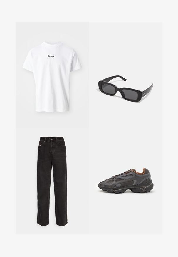 Olive green insulated coat with a hood, featuring a full front zipper, two side pockets, and elastic cuffs for secure fit.; White cotton T-shirt with short sleeves and a round neckline, featuring the word "Service" in black cursive text on the front.; Black denim wide-leg pants with a high waist, front button closure, two side pockets, and subtle stitching details.; Lacoste sneakers in dark gray with mesh and synthetic material, featuring a textured sole and brown accents on the collar and branding.; Black rectangular sunglasses with dark lenses, smooth plastic frames, and wide arms. Subtle branding on the side.