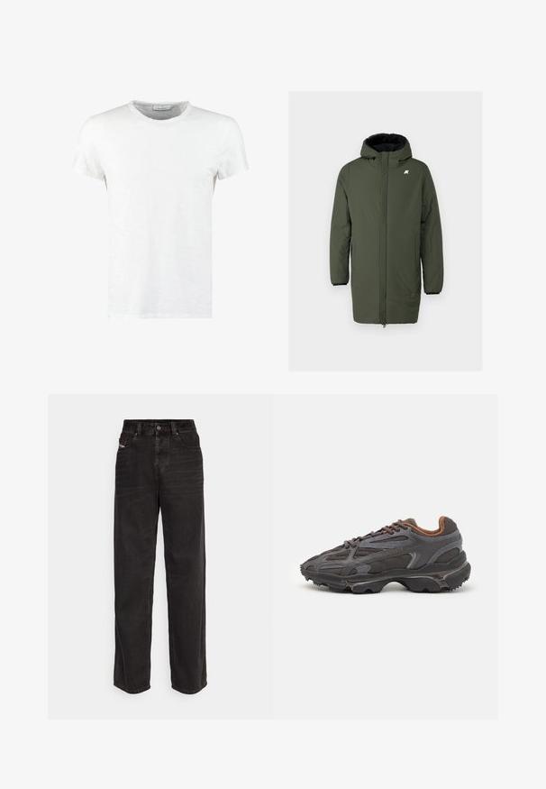 Casaco isolado verde-oliva com capuz, apresentando um fecho de correr frontal completo, dois bolsos laterais e punhos elásticos para um ajuste seguro.; T-shirt branca de algodão com decote redondo e mangas curtas, apresentando uma textura fina e um design minimalista. Sem padrões ou detalhes.; Calças de ganga pretas de perna larga com cintura alta, fecho frontal por botão, dois bolsos laterais e detalhes de costura discretos.; Ténis Lacoste em cinza-escuro com material em malha e sintético, apresentando uma sola texturizada e detalhes castanhos na gola e na marca.