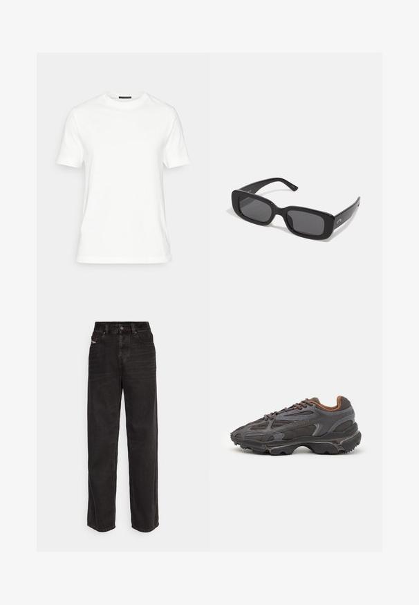 Olijfgroene geïsoleerde jas met een capuchon, voorzien van een volledige ritssluiting aan de voorkant, twee zijzakken en elastische manchetten voor een stevige pasvorm.; Witte katoenen T-shirt met korte mouwen, ronde halslijn en een gladde textuur. Heeft een eenvoudig ontwerp zonder patronen of accenten.; Zwarte denim wijde broek met hoge taille, knoopsluiting aan de voorkant, twee zijzakken en subtiele stiksels.; Lacoste sneakers in donkergrijs van mesh en synthetisch materiaal, met een gestructureerde zool en bruine accenten op de kraag en branding.; Zwarte rechthoekige zonnebril met donkere lenzen, glanzende kunststof montuur en brede veren. Subtiele branding aan de zijkant.