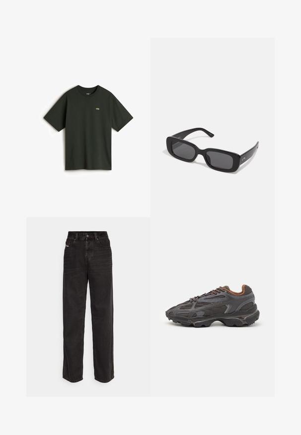 Oliivivihreä eristetty takki, jossa on huppu, täysi etuvetoketju, kaksi sivutaskua ja elastiset hihansuut varman istuvuuden takaamiseksi.; Vans T-paita - dark green; Mustat denim pitkät housut, joissa on korkea vyötärö, etupainike, kaksi sivutaskua ja hienovaraiset ompeluyksityiskohdat.; Lacoste-tennar i mörkgrått med nät- och syntetmaterial, med en texturerad sula och bruna accenter på kragen och märket.; Mustat suorakulmaiset aurinkolasit tummilla linsseillä, sileät muovipuitteet ja leveät sangat. Hienovarainen brändäys sivussa.