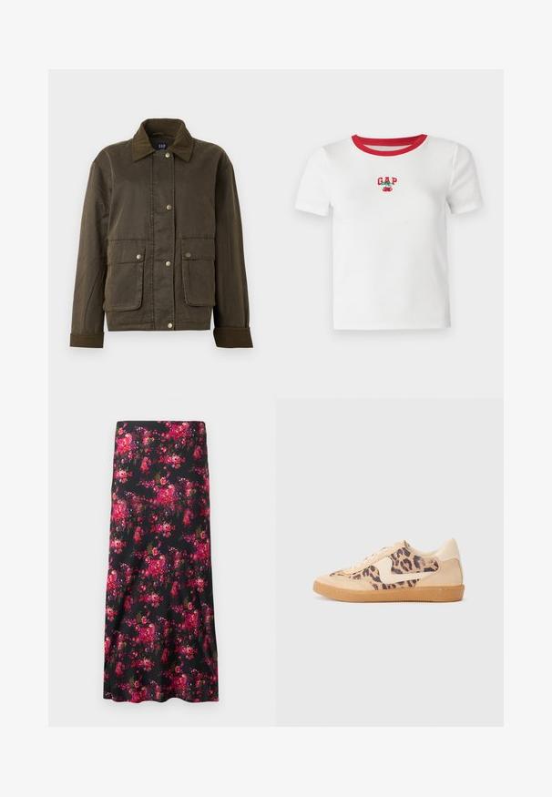 Temno olivno-zelena jakna s kordurojnim ovratnikom in manšetami, sprednjimi gumbnimi zapirali in dvema velikima žepoma z zavihkom.; Bela kratkodlaka majica s crvenim rebrastim ovratnikom, sa vezom "GAP" i dizajnom trešnje na prednjem dijelu. Napravljena od rebrastog materijala.; Cvečni midi krilo v črni barvi, s živahnim vzorcem rož v rožnatih in rdečih odtenkih. Gladek material, A-linija, z širokim robom.; Teniske s leopardjim vzorom z zgornjim delom iz bež semiša, rjavim gumijastim podplatom in belimi detajli. Okrogla konica in vezenje z vezalkami ter teksturirana površina.