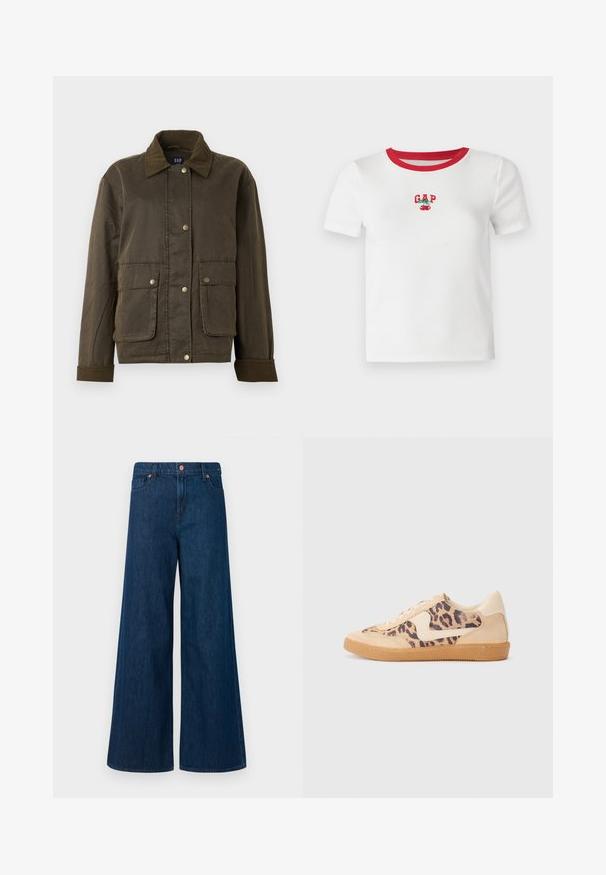 Tamsiai alyvuogių žalia striukė su velveto apykakle ir rankovėmis, priekiniai snap mygtukai ir dvi didelės kišenės su užklotais.; Balta trumpa rankovėmis marškinėliai su raudonu rausvu apykakle, ant priekinės dalies siuvinėti "GAP" tekstas ir vyšnių dizainas. Pagaminti iš raukšlėto audinio.; Mėlynos plačios džinsinės kelnės su priekiniais mygtukais, diržo kilpos ir penkių kišenių dizainu ant balto fono.; Leopardų rašto sportiniai batai su smėlio spalvos zomšiniu viršumi, rusvu guminiu padu ir baltais akcentais. Apvalus nosis ir raištelių užsegimas su tekstūruotu paviršiumi.