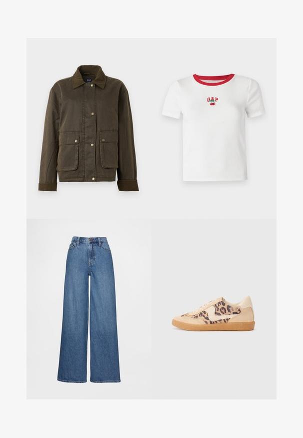 Tmavozelená bunda s kordovým golierom a manžetami, s prednými cvokmi a dvoma veľkými vreckami na klopu.; Biely tričko s krátkymi rukávmi a červeným rebrovaným golierom, na prednej strane s vyšitým textom "GAP" a dizajnom čerešne. Vyrobené z rebrovanej tkaniny.; Džínsy s širokými nohavicami v stredne modrej denimovej farbe, s vysokým pásom, slučkami na opasok a zapínaním na gombík. Hladká textúra s minimálnymi švami.; Tenisky s leopardím vzorom, s béžovým semišovým zvrškom, svetlohnedou gumovou podrážkou a bielymi akcentmi. Okrúhla špička a šnurovací dizajn s textúrovaným povrchom.