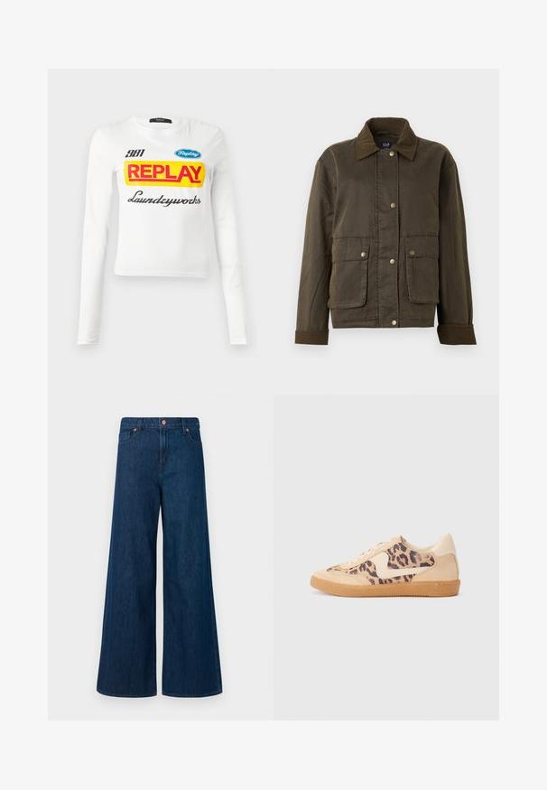 Jachetă de un verde măsliniu închis cu guler și manșete din catifea, cu nasturi pe botă la față și două buzunare mari cu clapetă.; Cămașă albă cu mânecă lungă, cu text mare roșu "REPLAY" pe fundal galben, un "381" mai mic, logo "Replay" albastru și text cursiv "Laundryworks".; Jeans din denim, cu picioare largi, de culoare albastră, cu închidere frontală cu buton, bucle pentru curea și design cu cinci buzunare, pe un fundal alb.; Tenisi cu imprimeu de leopard, cu partea superioară din suede bej, talpă din cauciuc maro și accente albe. Vârf rotund și design cu șireturi, cu un finisaj texturat.