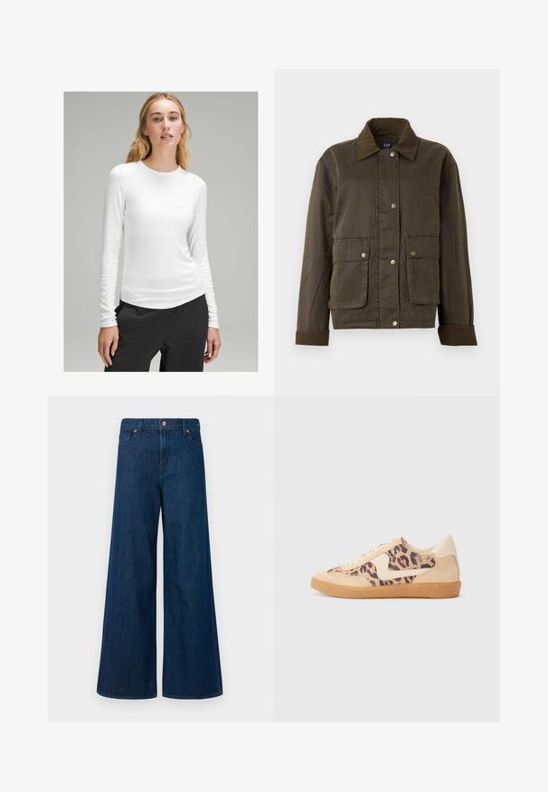 Ciemnooliwkowa kurtka z sztruksowym kołnierzem i mankietami, z przodu na zatrzaski oraz dwiema dużymi kieszeniami z klapami.; Biały top z długim rękawem, wykonany z gładkiego, lekkiego materiału, z okrągłym dekoltem i dopasowanym krojem, w zestawieniu z czarnymi spodniami.; Niebieskie dżinsy o szerokich nogawkach z zapięciem na guziki z przodu, z paskiem i pięcioma kieszeniami na białym tle.; Sneakers w panterkowym wzorze, z beżową zamszową cholewką, brązową gumową podeszwą i białymi akcentami. Okrągły czubek i sznurowany fason z fakturowym wykończeniem.