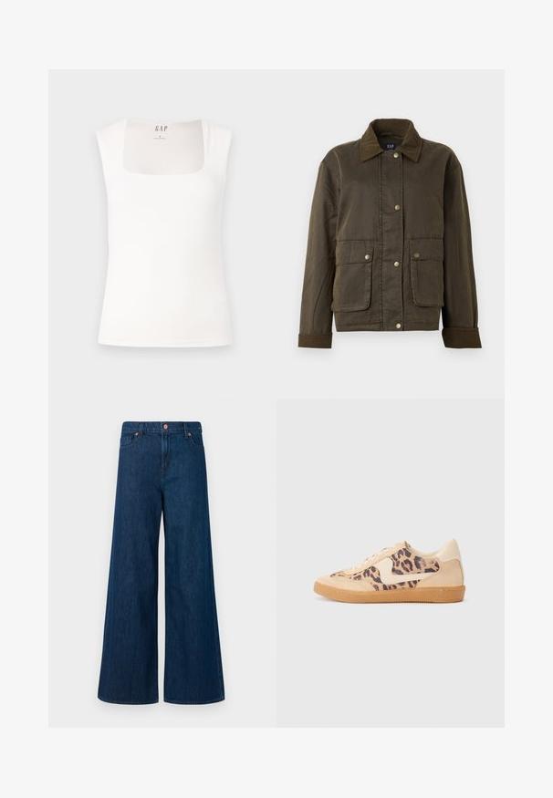 Tamsiai alyvuogių žalia striukė su velveto apykakle ir rankovėmis, priekiniai snap mygtukai ir dvi didelės kišenės su užklotais.; Baltas be rankovių marškinėlis su kvadratine kaklo iškirpte. Lygi, tampri medžiaga, puikiai prigijanti prie kūno. Etiketė su užrašu "GAP" nugaros vidinėje pusėje.; Mėlynos plačios džinsinės kelnės su priekiniais mygtukais, diržo kilpos ir penkių kišenių dizainu ant balto fono.; Leopardų rašto sportiniai batai su smėlio spalvos zomšiniu viršumi, rusvu guminiu padu ir baltais akcentais. Apvalus nosis ir raištelių užsegimas su tekstūruotu paviršiumi.