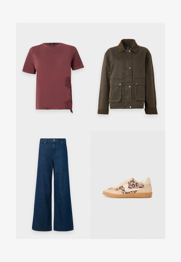 Dark olive-green jacket with corduroy collar and cuffs, front snap buttons, and two large flap pockets.; Maroon T-shirt made from soft fabric, featuring short sleeves and intricate lace detailing on the side, with a tied accent at the hem.; Blue wide-leg denim jeans with front button closure, belt loops, and five-pocket design on a white background.; Leopard print sneakers with beige suede upper, tan rubber sole, and white accents. Round toe and lace-up design with a textured finish.