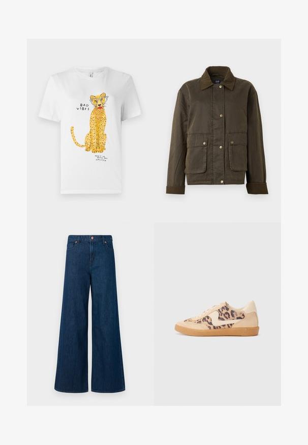 Chaqueta de color verde oliva oscuro con cuello y puños de pana, botones de presión en la parte delantera y dos grandes bolsillos con solapa.; Camiseta de algodón blanca con un gráfico de un leopardo amarillo usando gafas, con el texto "BAD VIBES" y "NO VAYAS CON MI LABIAL."; Jeans de mezclilla de pierna ancha azul con cierre frontal de botón, trabillas para el cinturón y diseño de cinco bolsillos sobre un fondo blanco.; Zapatillas de leopardo con parte superior de ante beige, suela de goma marrón y acentos blancos. Punta redonda y diseño con cordones con un acabado texturado.