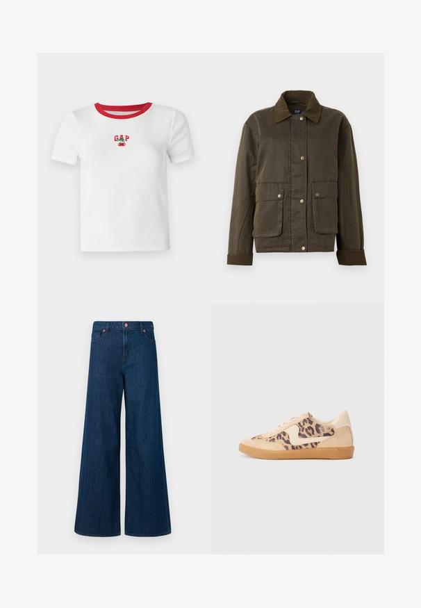 Tumši olīvu zaļš džemperis ar korduroja apkakli un piedurknēm, priekšējiem pogām ar spiedpogām un divām lielām kabatām ar atloku.; Balta īsām piedurknēm T-krekls ar sarkanu ribotu apkakli, ar izšūtu "GAP" tekstu un ķirša dizainu priekšā. Izgatavots no ribota auduma.; Zilā, platā kāju džinsu bikses ar priekšējo pogu aizdari, jostu cilpām un piecu kabatu dizainu uz balta fona.; Leoparda drukas kedas ar beidzējo zamša virsu, brūnu gumijas zoli un baltām akcenta detaļām. Apļveida purngals un auklu aizdare ar strukturētu virsmu.