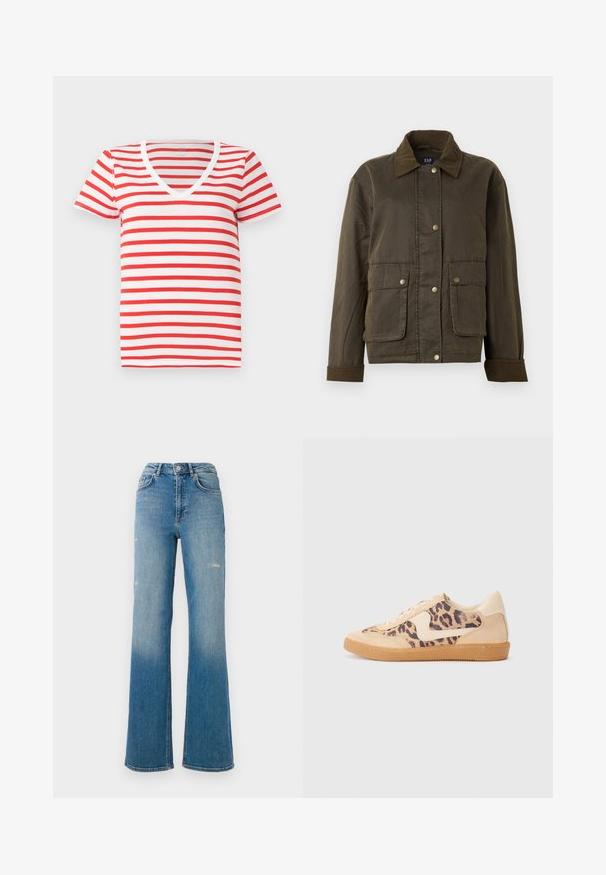 Temno olivno-zelena jakna s kordurojnim ovratnikom in manšetami, sprednjimi gumbnimi zapirali in dvema velikima žepoma z zavihkom.; Rjava in bela črtasta majica z V-izrezom, narejena iz mehke bombažne tkanine, z kratkimi rokavi in sproščenim krojem. Preprost dizajn z enakomernimi črtami.; Jeans iz visokim pasom v modrem jeanu z rahlo obrabljenostjo na stegnjih, stil s petimi žepi in izdelava s širokimi hlačnicami.; Teniske s leopardjim vzorom z zgornjim delom iz bež semiša, rjavim gumijastim podplatom in belimi detajli. Okrogla konica in vezenje z vezalkami ter teksturirana površina.