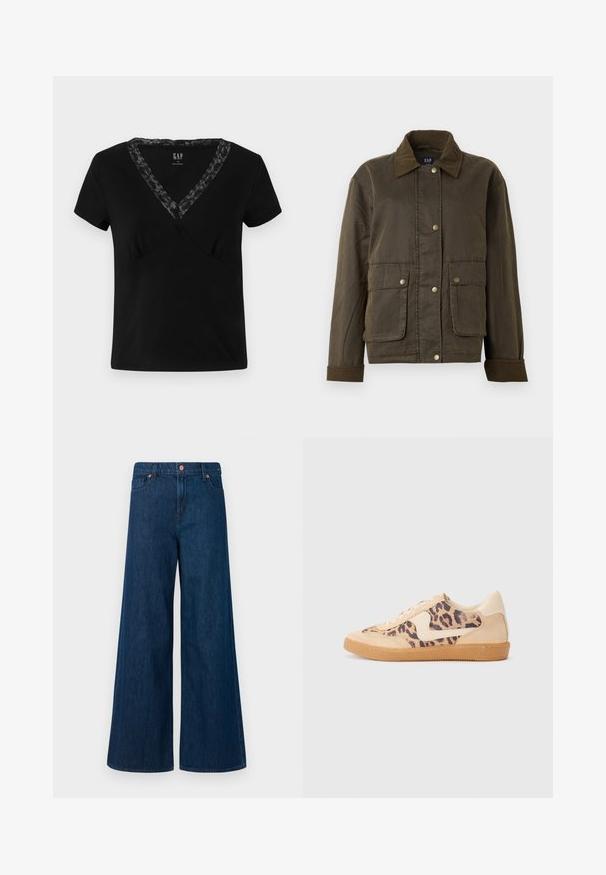 Donkergroen olijfjack met ribfluwelen kraag en manchetten, vooraan drukknoopsluitingen en twee grote flapzakken.; Zwarte korte mouwen V-hals t-shirt van katoen, met een kantaccent rond de halslijn en een getailleerde pasvorm.; Blauwe wijde denim jeans met knoopsluiting aan de voorkant, riemlussen en een vijf-pocket ontwerp op een witte achtergrond.; Luipaardprint sneakers met een beige suède bovenkant, tan rubberen zool en witte accenten. Ronde neus en vetersluiting met een gestructureerde afwerking.