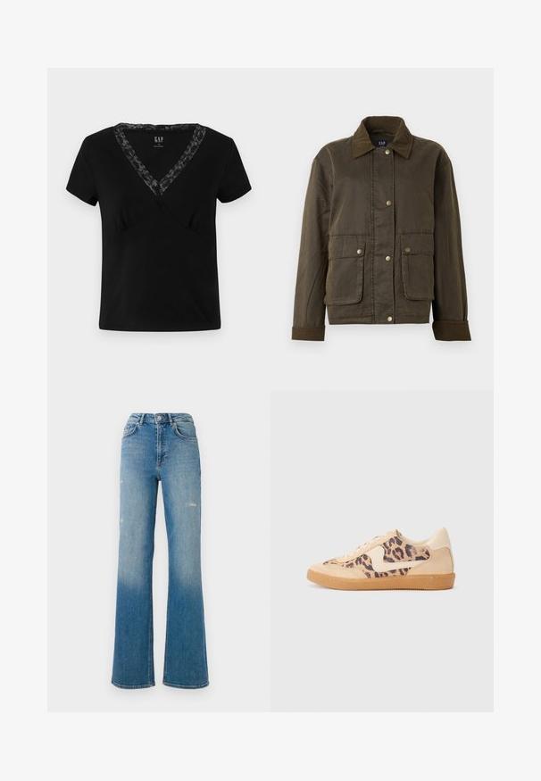 Sötét olívazöld dzseki, kordbársony gallérral és mandzsettával, elülső patentgombokkal és két nagy füles zsebből.; Fekete, rövid ujjú, V-nyakú pamut póló, csipke díszítéssel a nyakvonal mentén és testhezálló fazonnal.; Magas derekú kék farmernadrág enyhe kopásokkal a combokon, öt zsebes stílusban, relaxált lábdesignnal.; Leopárdmintás sportcipő bézs velúr felsőrésszel, világosbarna gumitalppal és fehér kiegészítőkkel. Kerek orr, fűzős kialakítás, és textúrázott felület jellemzi.