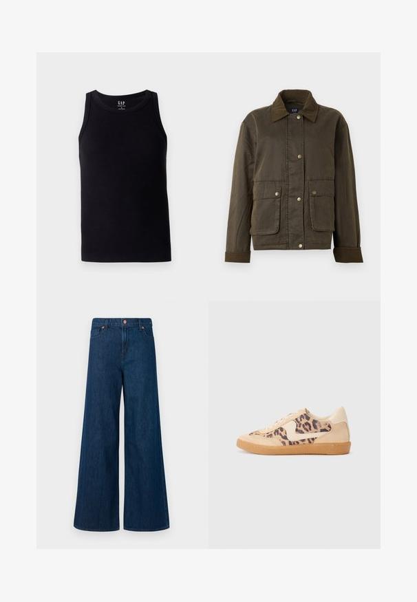 Dunkelolivgrüne Jacke mit Cordkragen und -manschetten, vorderen Druckknöpfen und zwei großen Klappentaschen.; Schwarzes, geripptes Tanktop mit rundem Halsausschnitt und ärmellosem Design. Hergestellt aus einem weichen Baumwoll-Mix, mit einem Etikett in der Mitte des Rückens.; Helle, weit geschnittene blaue Jeans aus Denim mit vorderem Knopfverschluss, Gürtelschlaufen und fünf Taschen-Design auf einem weißen Hintergrund.; Löwenmuster-Sneaker mit beige Wildleder-Obermaterial, tanfarbener Gummisohle und weißen Akzenten. Runde Zehenform und Schnürdesign mit strukturiertem Finish.