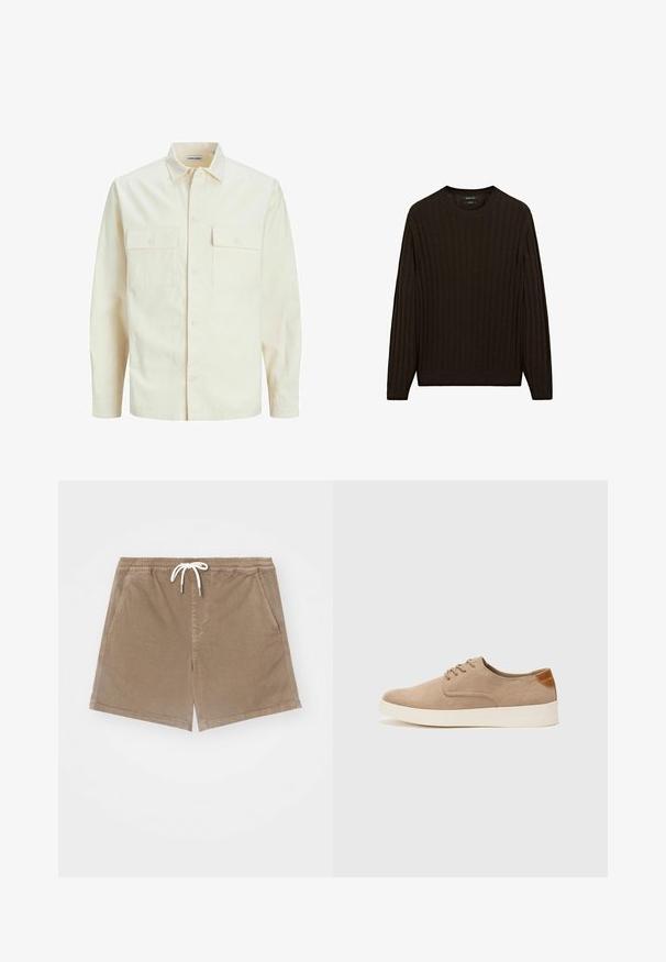 Camicia beige chiaro a maniche lunghe con colletto, due tasche frontali, chiusura a bottoni e un tessuto texturizzato.; Maglione marrone a coste con maniche lunghe e collo rotondo. Presenta un tessuto testurizzato e una vestibilità aderente in vita e ai polsini.; Pantaloni corti in cotone marrone con una cintura elastica e un cordino bianco, dotati di due tasche laterali e design a taglio dritto.; Sneaker in suede beige con punta arrotondata, stringhe davanti e un accento testurizzato sul retro. La suola in gomma bianca offre un contrasto. Design semplice e moderno.