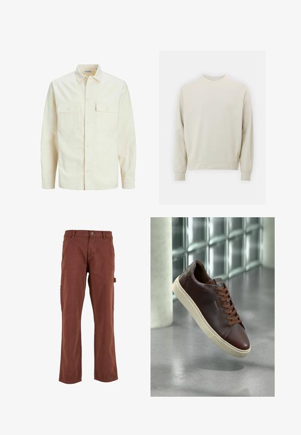 Camicia beige chiaro a maniche lunghe con colletto, due tasche frontali, chiusura a bottoni e un tessuto texturizzato.; Felpa beige chiaro realizzata in morbido tessuto con collo rotondo, maniche lunghe e polsini e orlo a costine. Design minimalista, senza motivi visibili.; Pantaloni cargo marroni con design a gamba dritta, realizzati in un tessuto resistente. Caratterizzati da tasche laterali e chiusura con bottone in vita.; Sneaker in pelle marrone con punta rotonda, lacci marroni e suola in gomma beige. Presenta un branding minimale sul lato.