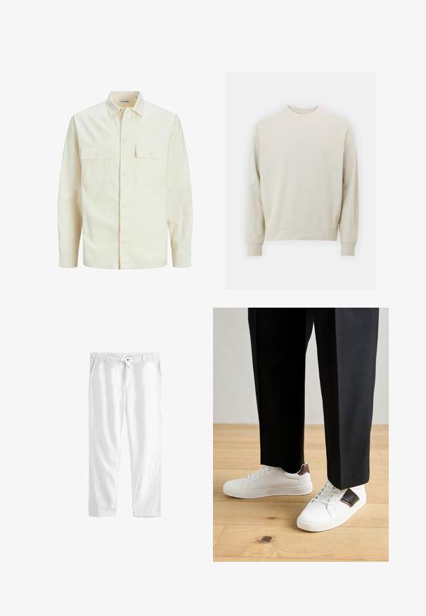 Hellbeige Langarmhemd mit klassischem Kragen, zwei Fronttaschen, Knopfverschluss und strukturiertem Stoff.; Helles beiges Sweatshirt aus weichem Stoff mit Rundhalsausschnitt, langen Ärmeln und gerippten Bündchen und Saum. Minimalistisches Design, keine sichtbaren Muster.; Weiße Leinenhose mit einem Kordelzugbund, zwei seitlichen Taschen und einem lockeren Schnitt. Glatte Textur und gerades Bein Design.; Weiße Sneakers mit glatter Textur, versehen mit braunen Lederakzenten und schwarzen Details, kombiniert mit schwarzen maßgeschneiderten Hosen. Hintergrund aus Holzboden.