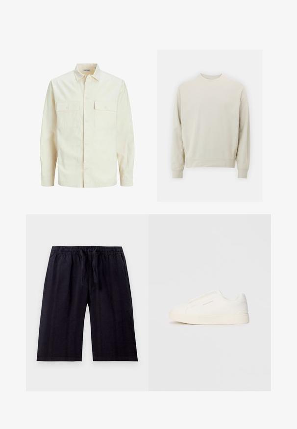 Kergedbež pika-särk pikkade varrukatega, krae ja kahe eespool asuva taskuga, nööpidega kinnitamine ja reljeefne materjal.; Soehking heegrebees värviga sweatshirt pehmest kangast, ümmarguse kaelusega, pikkade varrukatega ja ribanitest mansettide ja alläärega. Minimalistlik disain, ilma nähtavate mustriteta.; Mustad, põlvepikkused lühikesed püksid on valmistatud kergetest kangast. Omavad elastset vööd, millel on nöör ja sile tekstuur. Lihtne disain.; Valged libisemiskindlad tossud tekstuuriga pinnaga, paksu tallaga ja minimalistikus disainis. Küljel on brändi logo.