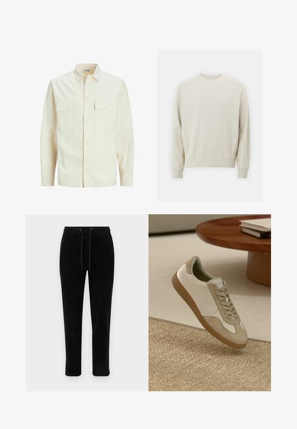 Light beige long-sleeve shirt with a collared neckline, two front pockets, button closure, and a textured fabric.; Light beige sweatshirt made of soft fabric with a crew neck, long sleeves, and ribbed cuffs and hem. Minimalist design, no visible patterns.; Black corduroy pants with an elastic waistband, adjustable drawstrings, and a tapered fit. The fabric has a vertical ribbed texture.; Lightweight sneaker featuring a white leather upper with beige suede accents, a round toe, and a textured brown rubber sole.
