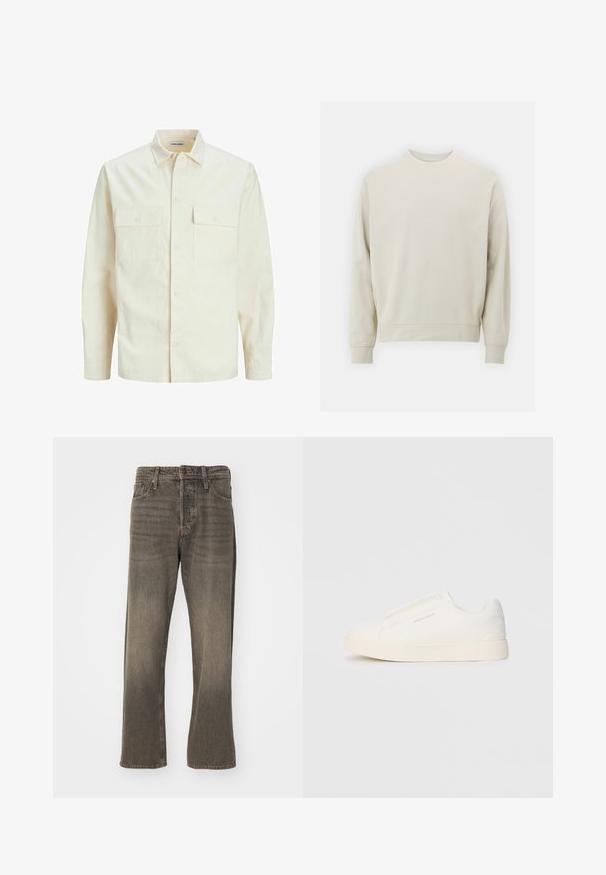 Gai bēšs garām piedurknēm krekls ar apkakles izgriezumu, divām priekšējām kabatām, pogu aizdari un teksturētu audumu.; Gaišs bežs džemperis, kas izgatavots no mīkstas auduma, ar noapaļotu kakla izgriezumu, garām piedurknēm un ribotām aprocēm un apakšmalu. Minimālistisks dizains, bez redzamām rakstām.; Brūni džinsi ar taisnu kāju dizainu, ar nolietotu tekstūru, tradicionālo piecu kabatu stilu un metāla pogu aizdari.; Baltas slip-on sporta apavi ar teksturētu virsmu, biezu zoli un minimālistisku dizainu. Sānos redzams zīmola logotips.