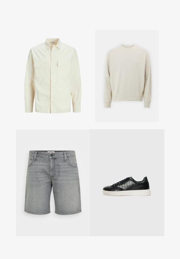 Šviesiai smėlio spalvos ilgomis rankovėmis marškiniai su apykakle, dviem priekinėmis kišenėmis, mygtukų uždarymu ir tekstūruota medžiaga.; Šviesiai smėlinis džemperis, pagamintas iš minkštos medžiagos, su apvaliu kaklu, ilgomis rankovėmis, ir rebrastu rankogaliu bei apatine dalimi. Minimalistinis dizainas, be matomų raštų.; Pilkos džinsinės šortai su klasikinio kirpimo, penkiais kišenėmis ir standartiniu sagos bei užtrauktuko uždarymu. Šiek tiek blukinta tekstūra, švarus kraštas.; Juodi sportiniai batai su tekstūruotu krokodilo odos pamušalu, apvalia kojų dalimi ir kontrastinga balta guma su lygiu paviršiumi.