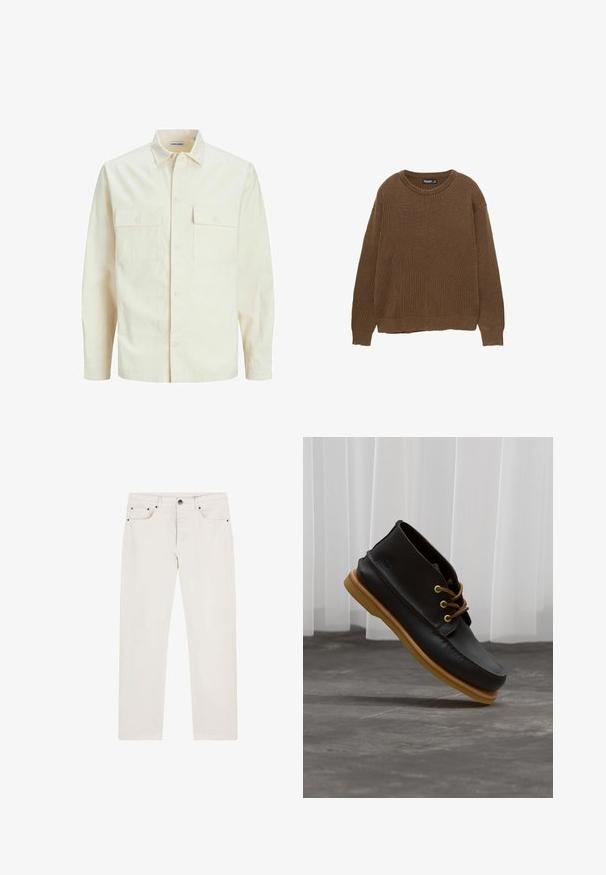 Cămașă lungă cu mâneci lungi de culoare bej deschis, cu guler, două buzunare frontale, închidere cu butoane și un material texturat.; Pulover din tricot brown cu model canelat, cu guler rotund și mâneci lungi. Prezintă o croială lejeră și un finisaj texturat.; O pereche de blugi din denim off-white cu croi drept, cinci buzunare și accente hardware negre pe partea din față. Textură netedă.; Pantofi din piele neagră cu o finisare netedă, vârf rotund, șireți maro și tălpi din cauciuc bej. Logo embosat pe lateral.