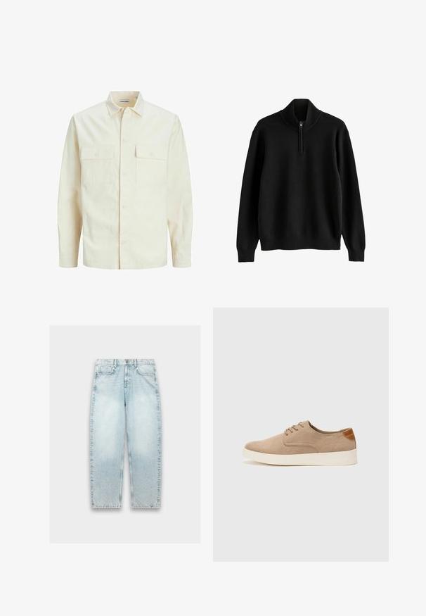 Kergedbež pika-särk pikkade varrukatega, krae ja kahe eespool asuva taskuga, nööpidega kinnitamine ja reljeefne materjal.; Must kätistega pullover-sviiter, millel on soonikkraega kaelus ja pooleks tõmmatav lukk, soonikkoes mansetid ja äär.; Hallusin sinised teksad, millel on lahtine lõige, sirged jalad, kulunud tekstuur, viie tasku disain ja metallne nööp sulgemiseks vöökoha juures.; Beežid nahast tossud ümarate varvastega, paeltega esiosa ja tekstuuriga tagakontuuriga. Valge kummist tallapakkumine loob kontrasti. Lihtne ja kaasaegne disain.