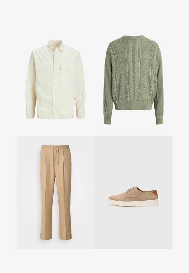 Svijetlo bež košulja dugih rukava s ovratnikom, dva prednja džepa, zatvaranje na dugmad i teksturirani materijal.; Zeleni pulover s kablovskim pletenjem, ukrašen dijamantnim i pletenim uzorcima, s okruglim izrezom i rebrastim manžetama i rubom, izrađen od teksturirane pletene tkanine.; Svijetlosmeđi hlače izrađene od glatkog materijala, s elastičnom trakom u struku, dva plisa sprijeda i ravnim, širokim nogavicama za udobnost.; Bež nubuk tenisice s okruglim vrhom, vezanjem sprijeda i teksturiranim stražnjim naglaskom. Bijela gumena potpetica pruža kontrast. Jednostavan i moderan dizajn.
