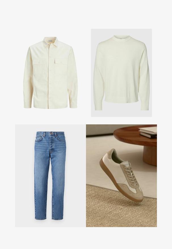 Svetlo bež srajca z dolgimi rokavi, ovratnim izrezom, dvema sprednjima žepoma, zapenjanjem na gumbe in teksturirano tkanino.; Pulover s dolgimi rokavi v kremni barvi, s krožnim izrezom, z rebrastimi manšetami in robom, prikazan na enostavni svetli podlagi.; Svetlo modri kavbojki s ravnim krojem, petimi žepi in gumbom za zapiranje. Postopno zbledela tekstura z rahlimi gubami spredaj.; Lahki športni copat z belim usnjenim zgornjim delom in bež semiš poudarki, okroglo nosnico ter teksturiranim rjavim gumijastim podplatom.