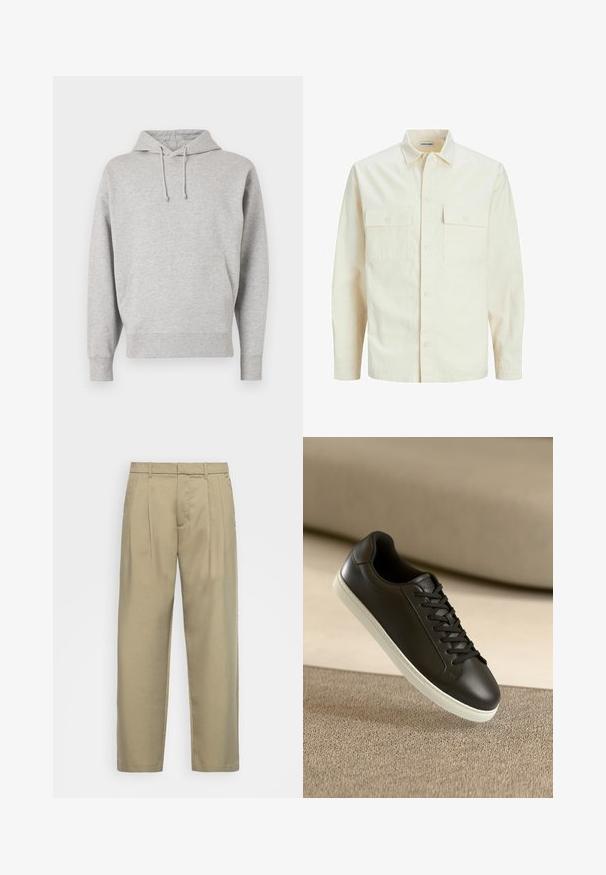 Šviesiai smėlio spalvos ilgomis rankovėmis marškiniai su apykakle, dviem priekinėmis kišenėmis, mygtukų uždarymu ir tekstūruota medžiaga.; Pilkas gobtuvas džemperis, pagamintas iš minkštos medžiagos, turi kengūros kišenę, uždarymą su raišteliais ir megztus rankogalius bei apatinę dalį. Paprastas dizainas.; Šviesiai rudos, aukšto liemens kelnes su tiesia kirpimu, su plokščiu priekiniu paviršiumi, šoninėmis kišenėmis ir lygiu, tekstūruotu audiniu.; Juodų odinių sportbačių su baltu guminiu padu ir juodomis raištelėmis nuotrauka, padėta ant šviesiai rudos tekstilės paviršiaus ir fono.