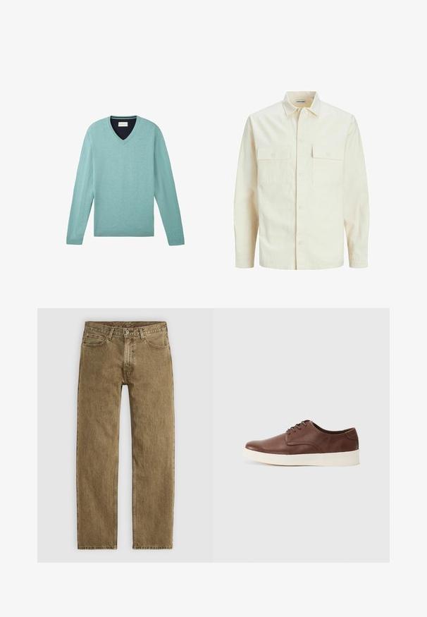 Világos bézs színű, hosszú ujjú ing, galléros nyakkal, két elülső zsebbel, gombos záródással és struktúrált anyaggal.; TOM TAILOR Pulóver - hellgrün; Világosbarna farmernadrág egyenes szárú fazonnal, ötpocket stílusban és rézszínű kiegészítőkkel. Texturált anyag, látható varrási részletekkel.; Barna bőrcipő lekerekített orral, sima felülettel, fehér gumitalppal és hat fűzőlyukkal. Minimális dizájn, tonális varrás.